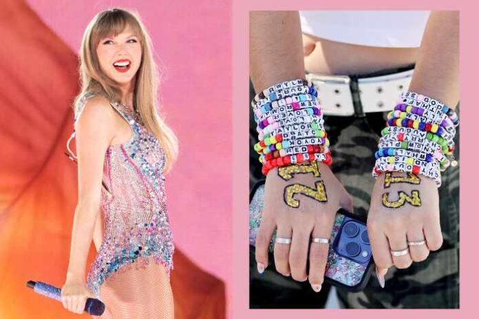 Taylor Swift displays friendship bracelets received from fans during her Eras Tour at the Country Music Hall of Fame.